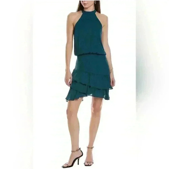 Krisa Halter Asymmetrical Ruffle mini dress Sz XS NWT Green - Picture 1 of 11
